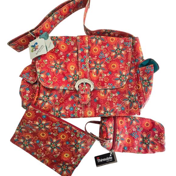 Kalencom Handbags - Kalencom NWT Red Primavera Floral Buckle Diaper Bag, Bottle Holder and Pouch